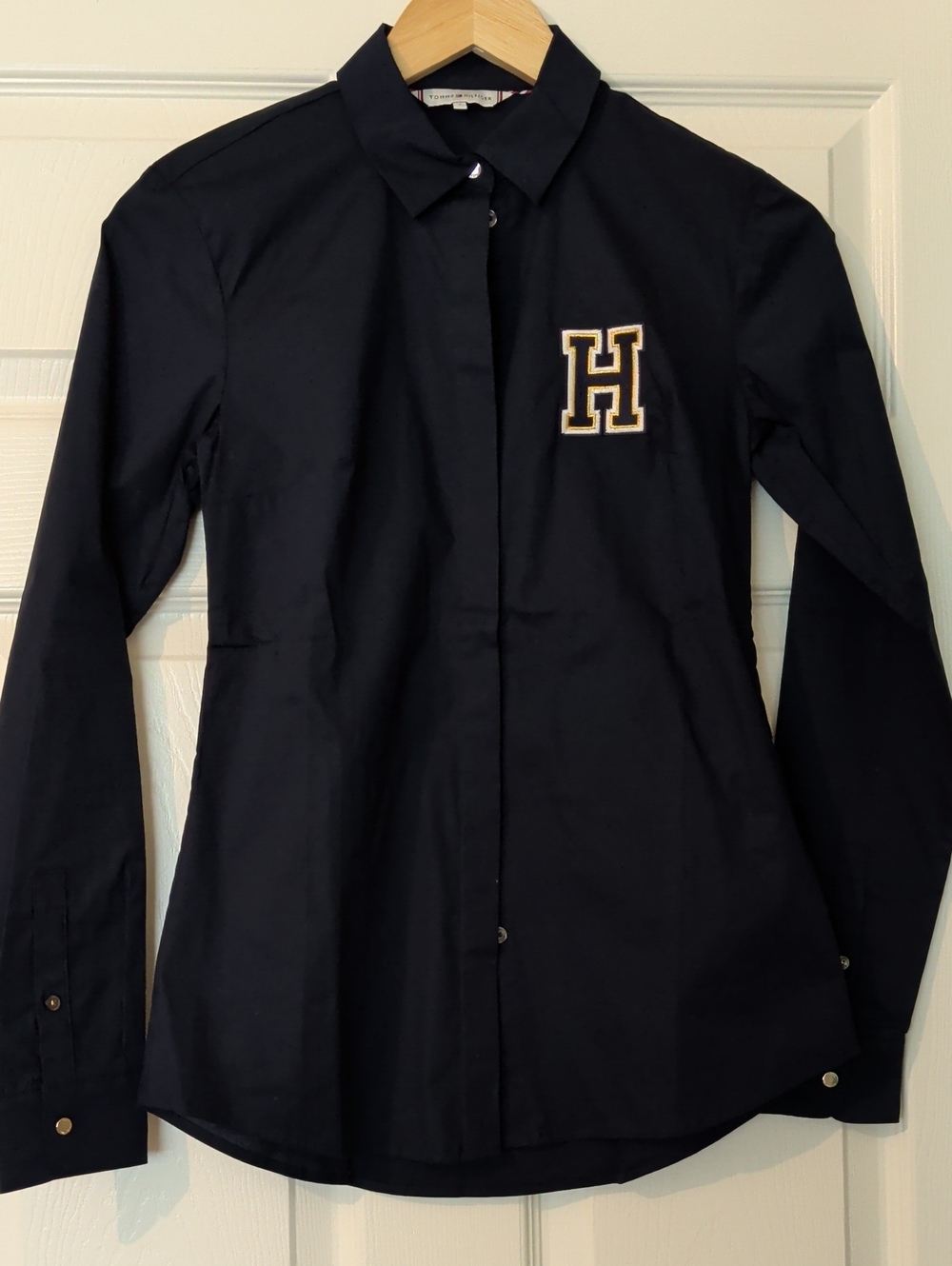 Tommy Hilfiger Navy Button-Front Varsity Shirt Jacket with H Patch